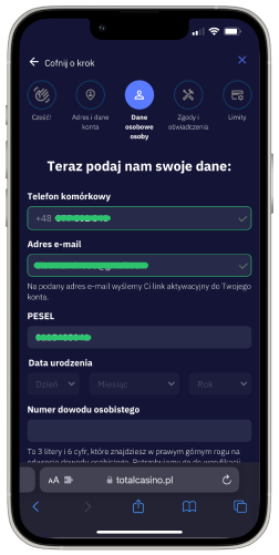 dane wymagane do rejestracji w casino Total